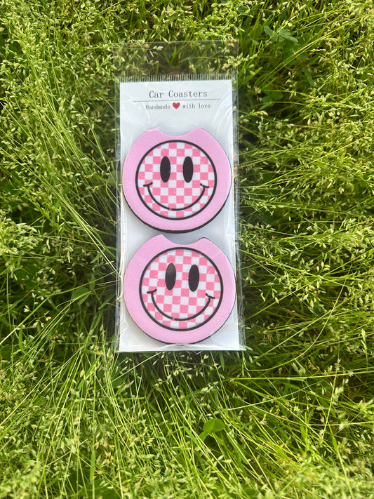 Retro pink checkered smiley *Car Coaster*